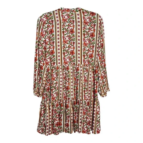Japna Womens Floral Geometric Tiered Mini Dress Orange Pink Boho Tassel Small - Picture 2 of 7